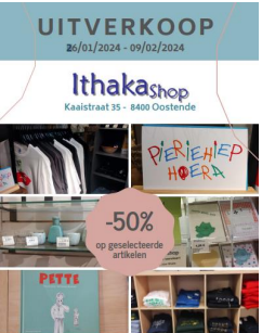 Affiche uitverkoop tot -50% bij de IthakaShop en SeaPrint